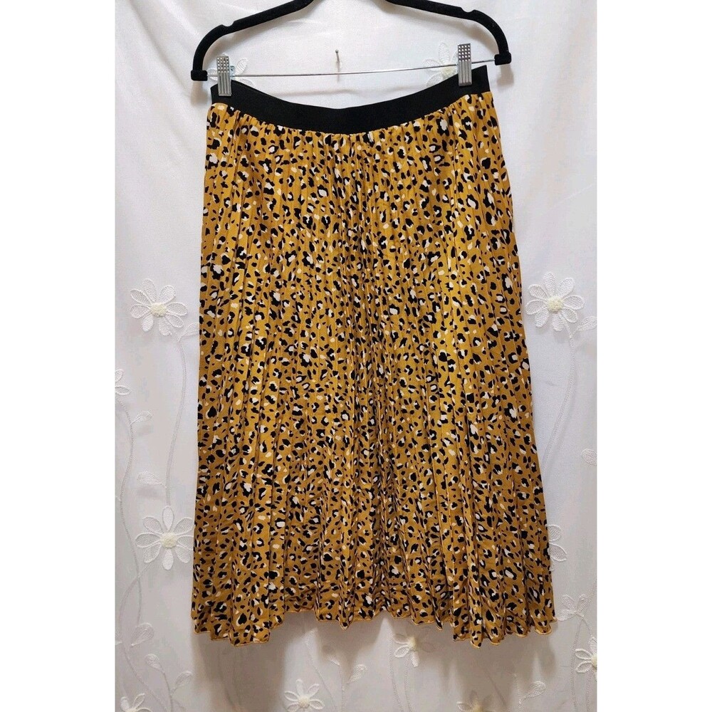 Caleaas Women XL Yellow Skirt Maxi Pleated Cheetah Print Flowy Wild Maximalist